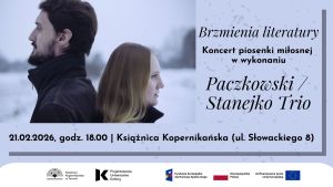 Kobieta i mężczyzna stojący tyłem do siebie, informacje o wydarzeniu.