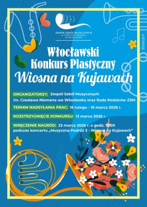 Kolorowy plakat, na którym są trąbki, saksofony, kwiaty oraz informacje o konkursie.
