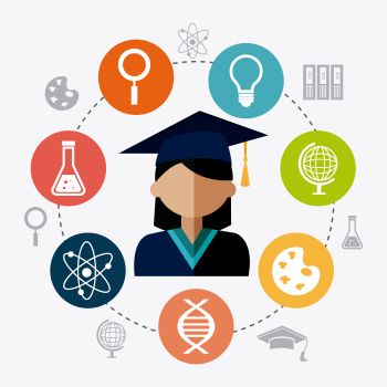 Grafika z uczennicą w centrum, wokół ikony różnych zawodów.