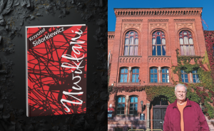 Z jednej strony okładka książki autora, z drugiej - autor na tle budynku.