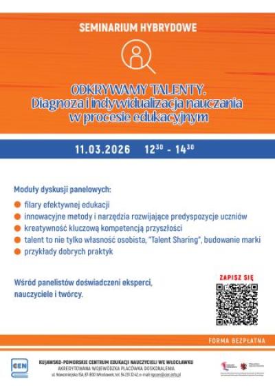 Plakat promujący wydarzenie z podstawowymi danymi oraz z logo KPCEN Włocławek.