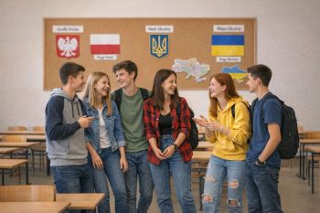 Sześcioro uśmiechniętych nastolatków w klasie. W tle tablica z symbolami Polski i Ukrainy.