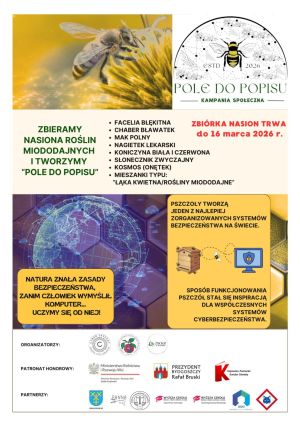 Plakat informacyjny kampanii społecznej „Pole do popisu” z motywem pszczół i logotypami organizatorów.