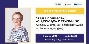 Z jednej strony portret kobiety w okularach i krótkich włosach, z drugiej strony - informacje o webinarium.