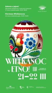 Jajko wielkanocne, barwne na zielonym tle z informacjami o wydarzeniu.