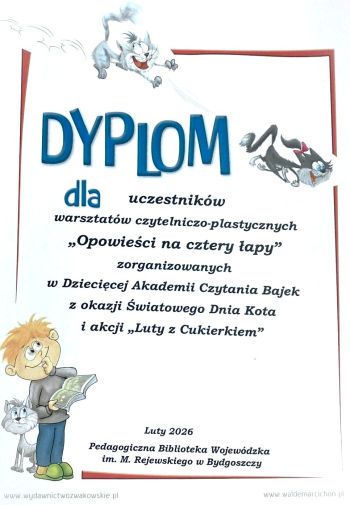 Dyplom za uczestnictwo w akcji "Luty z Cukierkiem" z motywem rysunkowych kotów.