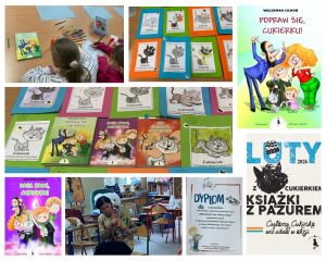 Kolaż zdjęć z zajęć edukacyjnych, m.in. okładki książek o kotach.