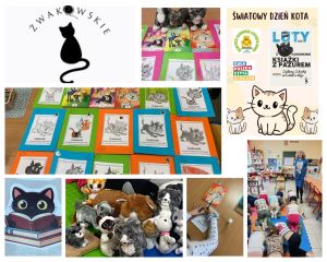 Kolaż zdjęć z zajęć o kotach, m.in. dzieci i prowadząca zajęcia.