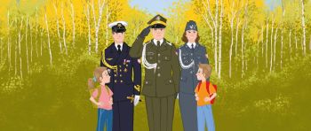 Troje żołnierzy w galowych mundurach różnych rodzajów wojsk i dwoje dzieci z tornistrami.