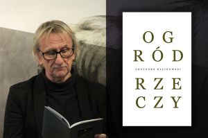 Z lewej strony mężczyzna ze skierowanym wzrokiem na tekst książki, z prawej - publikacja tego autora.