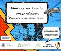 Rysunki ptaków i logotypy organizatorów konkursu „Opowieści przy użyciu kreski”.