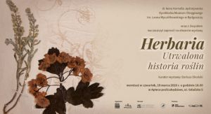 Grafika w beżowo-brązowych kolorach, z jednej strony rośliny, z drugiej - informacje o wystawie.