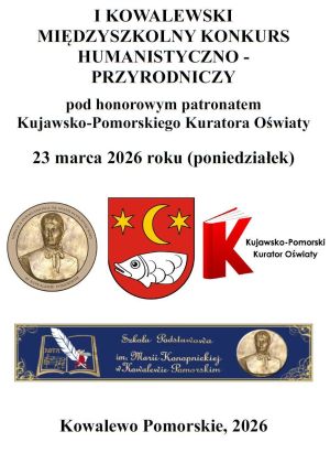 Plakat konkursowy z herbem miasta, wizerunkiem Marii Konopnickiej i logo Kujawsko-Pomorskiego Kuratora Oświaty.