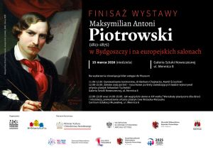 Mężczyzna z piórem w dłoni, obok informacje o wystawie.