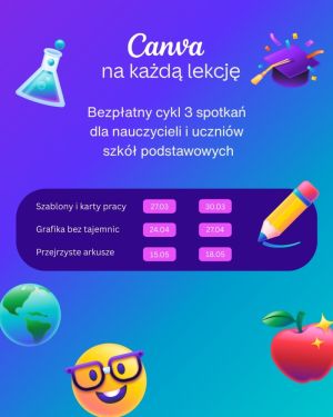 Plakat informacyjny cyklu online „Canva na każdą lekcję” z datami spotkań.