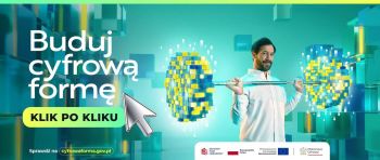 Baner kampanii “Buduj cyfrową formę klik po kliku” z mężczyzną unoszącym sztangę.