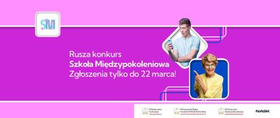 Uśmiechnięta seniorka i chłopak ze smartfonem na banerze konkursu „Szkoła międzypokoleniowa”.
