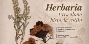 Plakat wystawy "Herbaria. Utrwalona historia roślin" z motywami roślinnymi.
