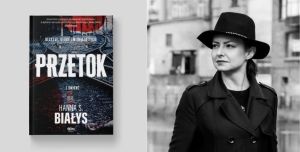 Z lewej strony okładka książki "Przetok", z prawej - portret kobiety w kapeluszu, autorki książki.