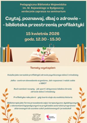 Plakat informacyjny o seminarium oraz otwartą książką z symbolami zdrowotnymi.