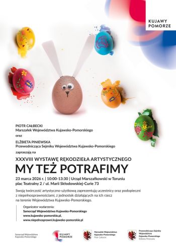 Plakat promujący wystawę z motywami zajączka z jajka, pisanek i z logotypami organizatorów.