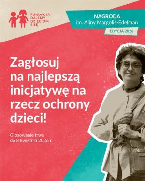 Kolorowy plakat zachęcający do głosowania, po prawej stronie kobieta w okularach.