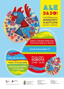 Kolorowy plakat promujący warsztaty z motywem pisanek.