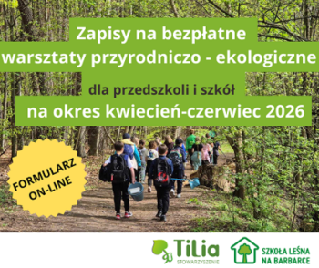 Plakat promujący akcję z motywem grupy dzieci idącej przez las.