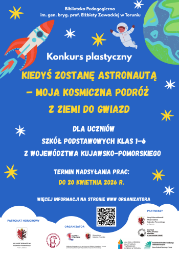 Plakat promujący konkurs z logotypami organizatorów i kosmicznymi motywami graficznymi.