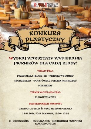 Plakat w barwach beżowo-brązowych informujący o konkursie plastycznym.