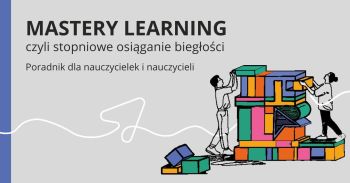 Grafika promująca poradnik, motyw kobiety i mężczyzny układających wieżę z dużych kolorowych klocków.