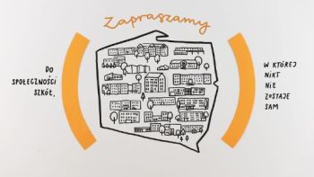 Grafika z mapą Polski z budynkami szkół.