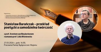 Plakat informacyjny wykładu z wizerunkami dwojga profesorów.