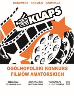 Plakat informacyjny Konkursu Filmów Amatorskich KLAPS z motywem taśmy filmowej i kamery.