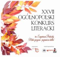 Plakat Konkursu Literackiego im. Eugeniusza Paukszty z motywem graficznym jesiennych liści.