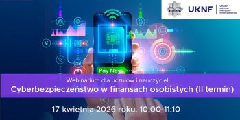 Plakat webinarium ze smartfonem i ikonkami z zakresu finansów i handlu elektronicznego.