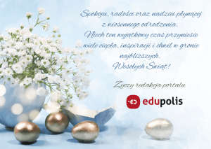 Kartka świąteczna, na której są kwiaty i jajka.