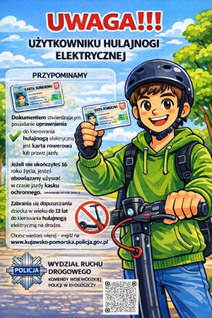 Plakat informacyjny z chłopcem na hulajnodze elektrycznej pokazującym kartę rowerową.