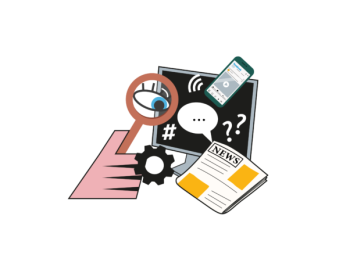 Różne media i atrybuty wyszukiwania informacji: gazeta, smartfon, monitor komputerowy, lupa.