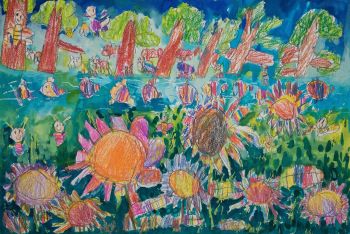 Kolorowa praca plastyczna przyroda nad rzeką - roślinność oraz kolorowe rybki, kwiaty, motyle i  pszczoły.