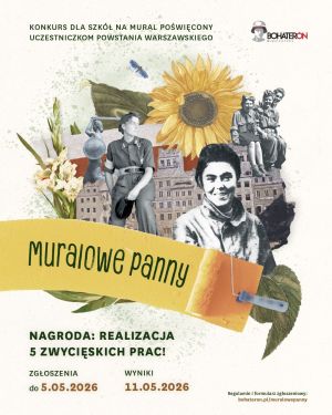Plakat konkursowy ze zdjęciami uczestniczek powstania i motywami warszawskimi np. Syrenką na Powiślu.