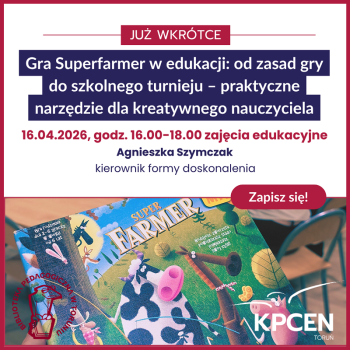 Grafika promująca szkolenie z jego tytułem oraz motywem gry Farmer ze zwierzętami oraz logo KPCEN.