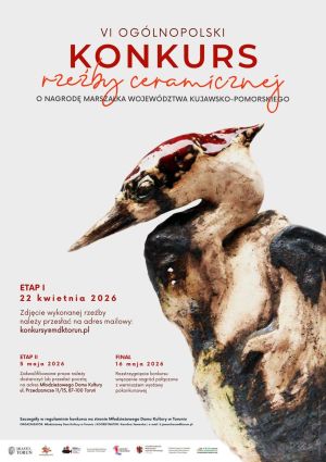 Plakat informacyjny konkursu plastycznego ze zdjęciem rzeźby dzięcioła.