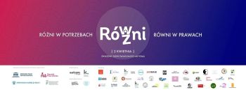 Baner kampanii „Różni w potrzebach. Równi w prawach” z logotypami organizatorów i partnerów.