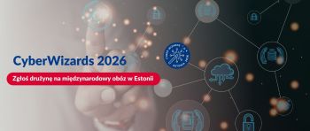 Zbliżenie na palec wybierający jedną z ikon na wirtualnym ekranie. Napis: CyberWizards 2026...