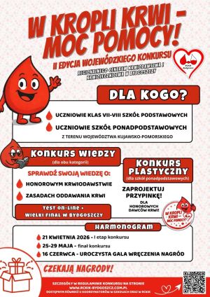 Informacyjny plakat konkursowy z motywem graficznym kropli krwi.