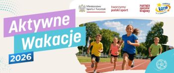 Grafika promująca akcję z dziećmi biegnącymi na stadionie, zawiera logotypy organizatorów.