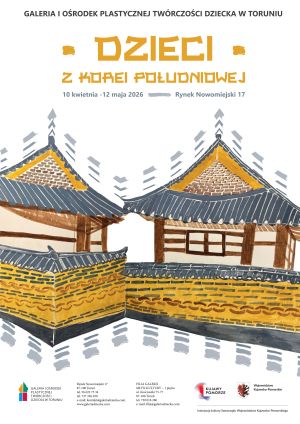 Plakat promujący wystawę z motywem tradycyjnych drewnianych domków.