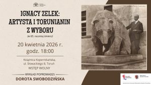 Z jednej strony informacje o wydarzeniu, z drugiej zdjęcie mężczyzny i rzeźby niedźwiedzia.