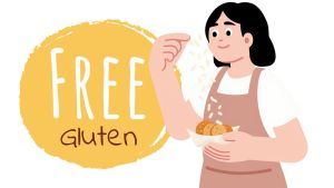 Rysunek dziewczyny, trzymającej w ręce koszyk z jedzeniem, obok napis: free gluten.